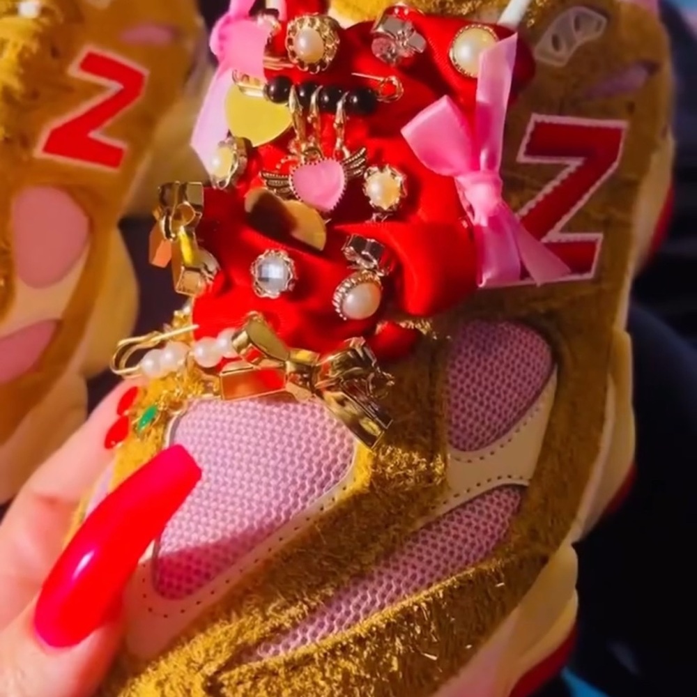 New Balance Red and Gold Embellished Sneakers. May be customized or plain